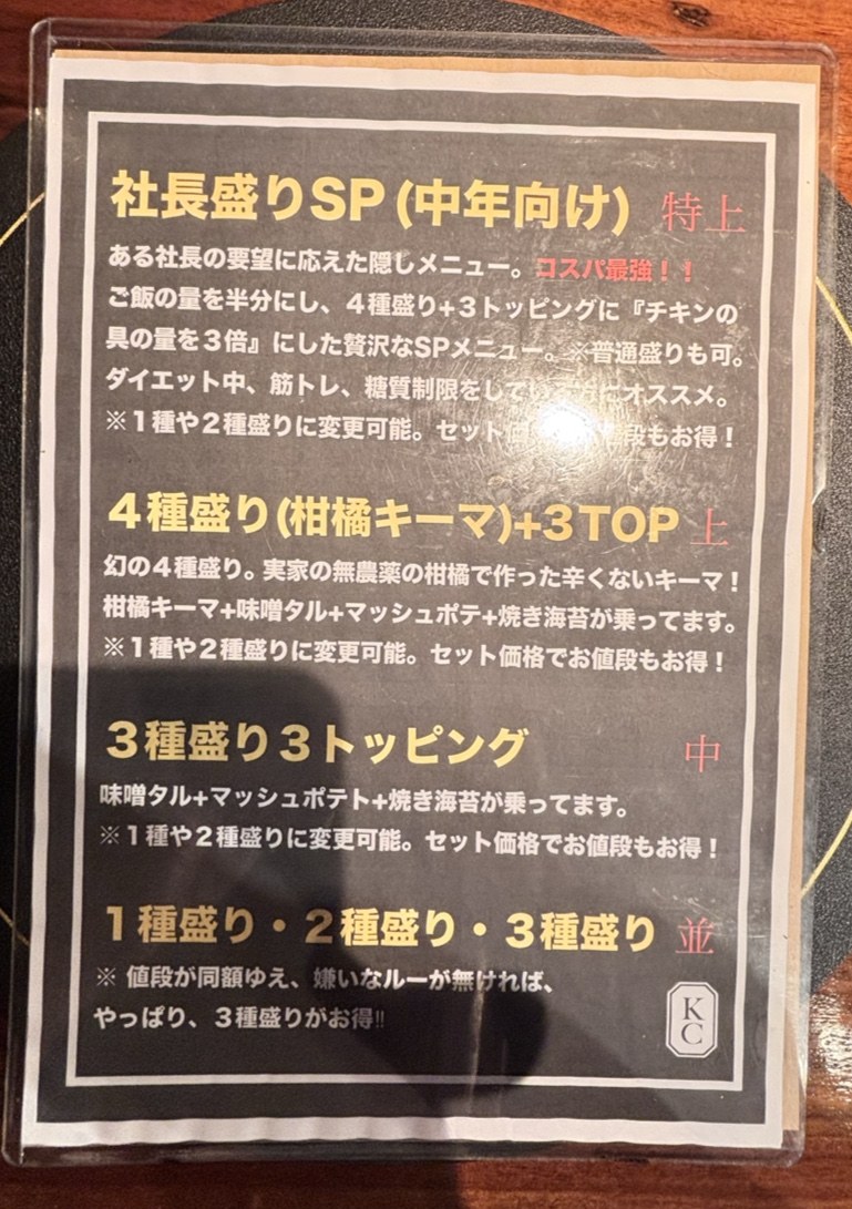 店内のお品書きの裏面。社長盛りSP、4種盛り、3種盛り3トッピング、1〜3種盛りそれぞれの説明